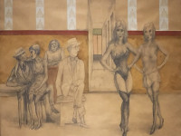 antonio berni, argentina 1905-1981. la oferta, tecnica mixta sobre papel, 47 x 62 cms. 1980